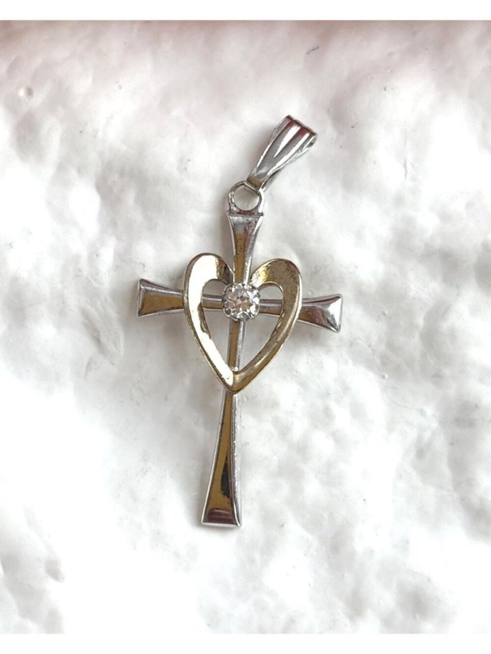 Cross Shaped Dual Toned Gold CZ Stone Sterling Silver 925 Vintage Pendant